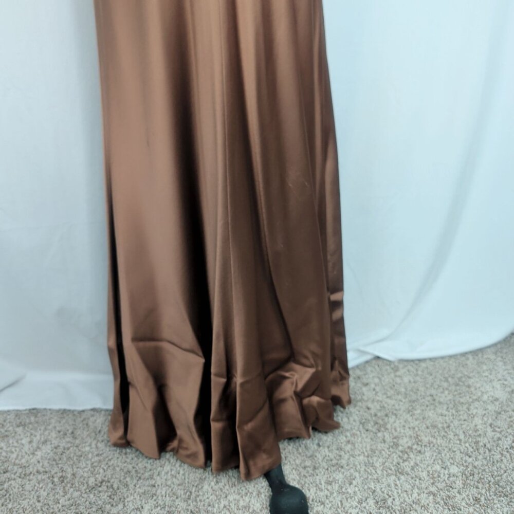 Vintage 90s Carmen Marc Valvo Bronze Formal Gown 4 Small V-Neck - Picture 4 of 10